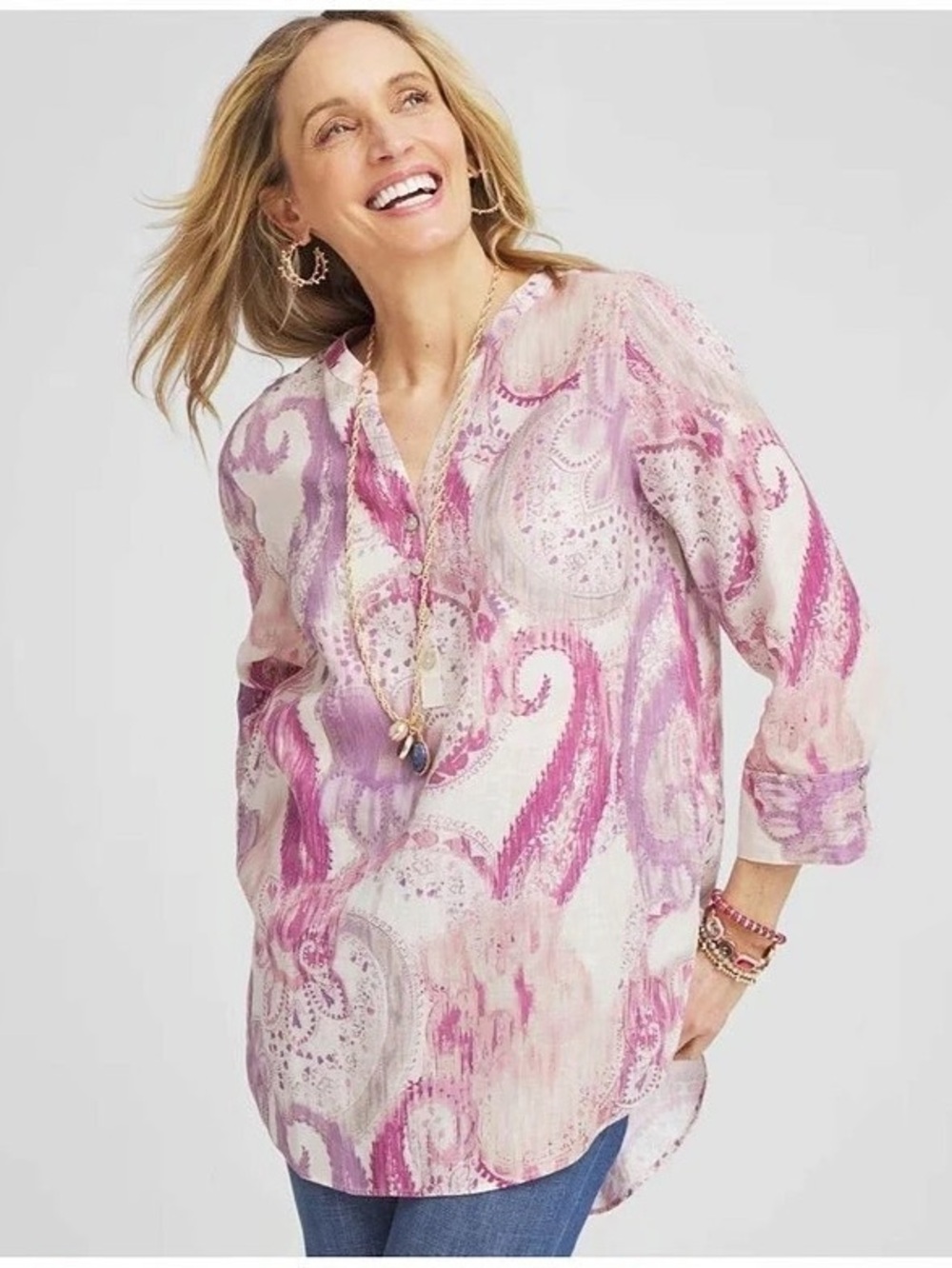 Chico's No Iron Multi Paisley Linen Tunic Pink & Purple Size 0.5